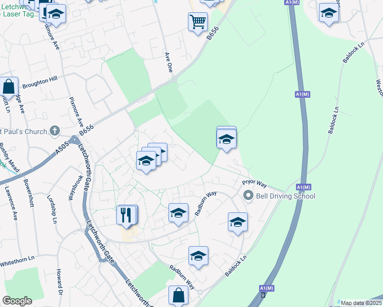 map of restaurants, bars, coffee shops, grocery stores, and more near 127 Quinn Way in Hertfordshire
