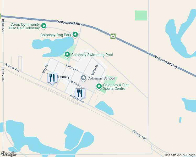map of restaurants, bars, coffee shops, grocery stores, and more near 301 Rosher Street in Colonsay