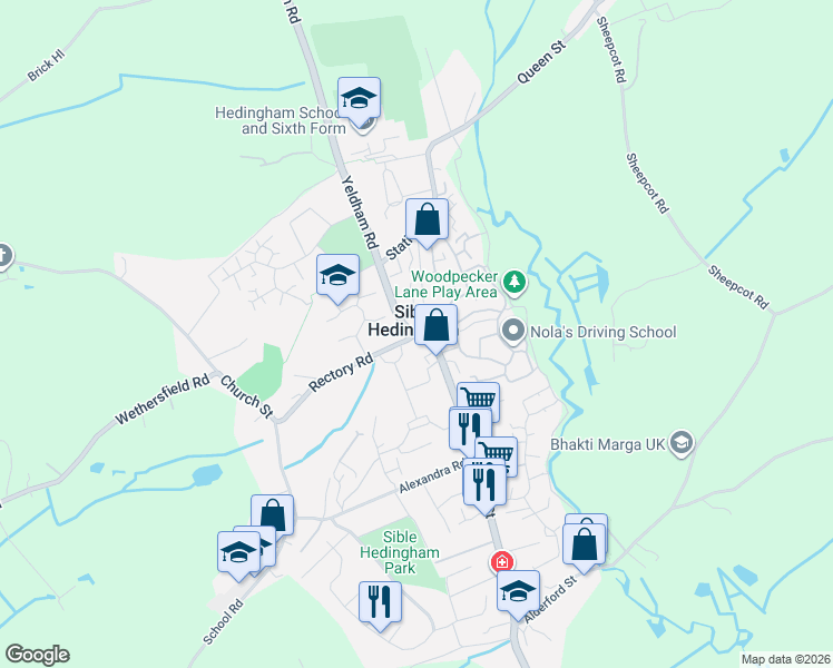 map of restaurants, bars, coffee shops, grocery stores, and more near 173 Swan Street in Sible Hedingham