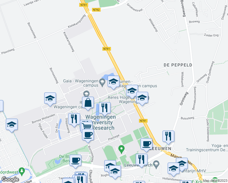map of restaurants, bars, coffee shops, grocery stores, and more near 4 Droevendaalsesteeg in Wageningen
