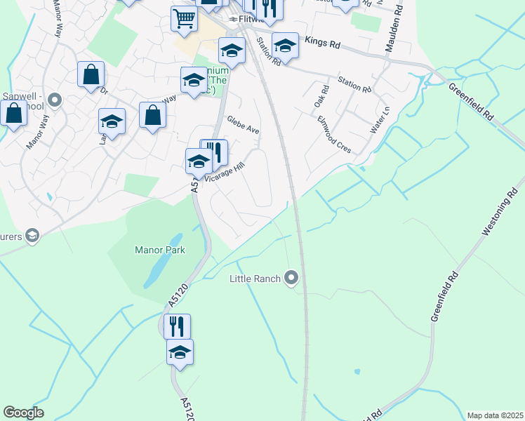 map of restaurants, bars, coffee shops, grocery stores, and more near Townfield Road in Flitwick