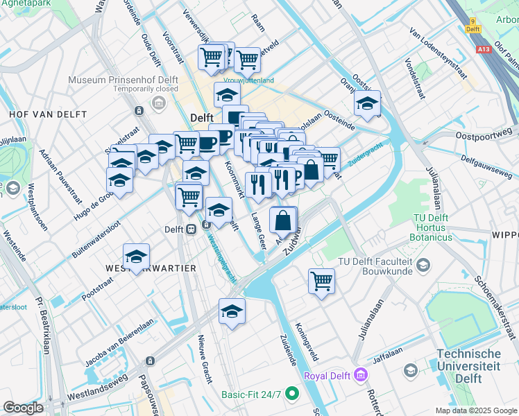 map of restaurants, bars, coffee shops, grocery stores, and more near 8 Breestraat in Delft