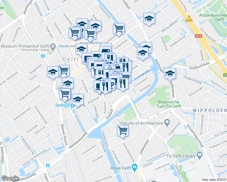 map of restaurants, bars, coffee shops, grocery stores, and more near 100 Vesteplein in Delft
