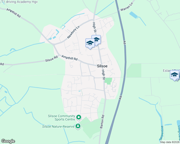 map of restaurants, bars, coffee shops, grocery stores, and more near Vicarage Road in Silsoe