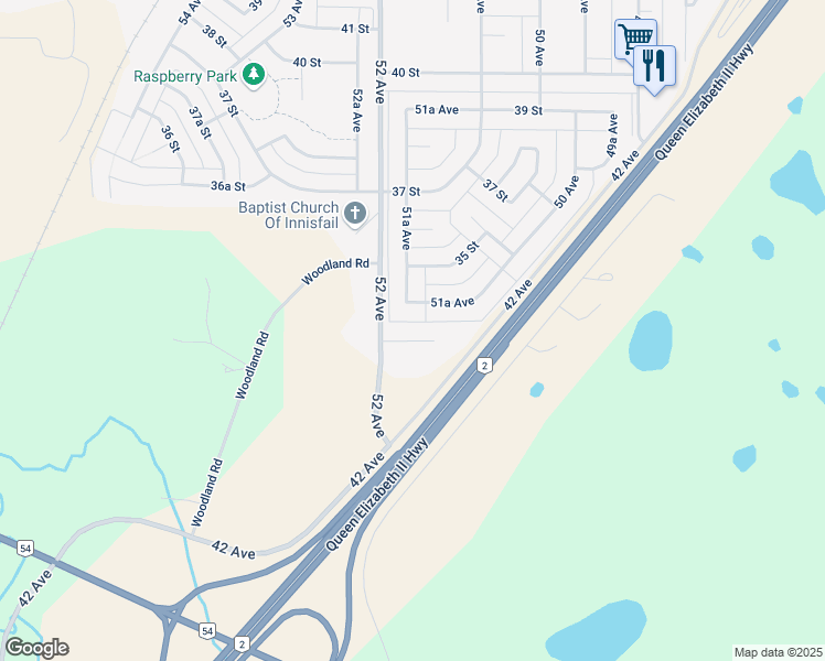 map of restaurants, bars, coffee shops, grocery stores, and more near 3302 52 Avenue in Innisfail