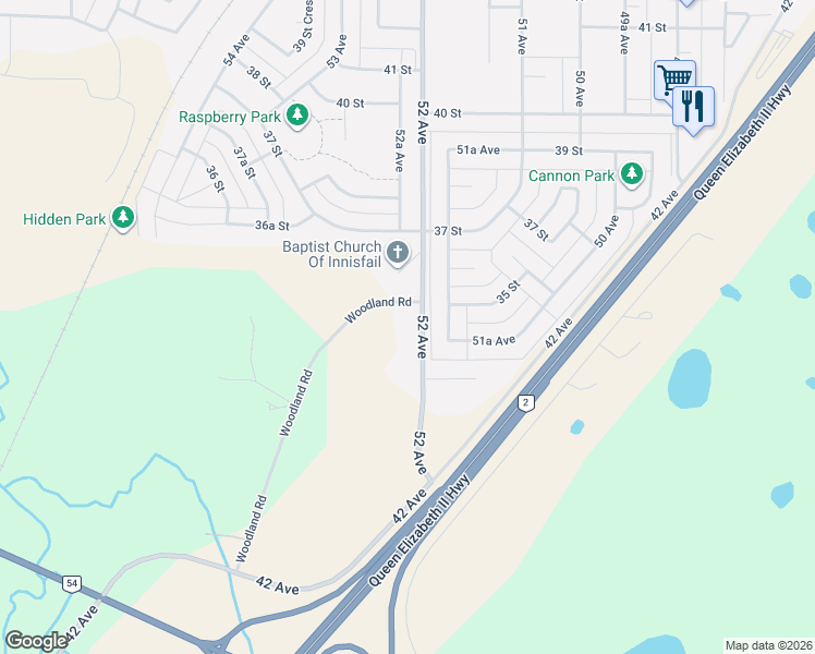 map of restaurants, bars, coffee shops, grocery stores, and more near 5205 Woodland Road in Innisfail