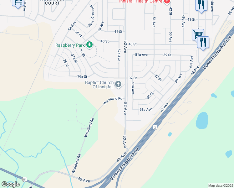 map of restaurants, bars, coffee shops, grocery stores, and more near 5205 Woodland Road in Innisfail