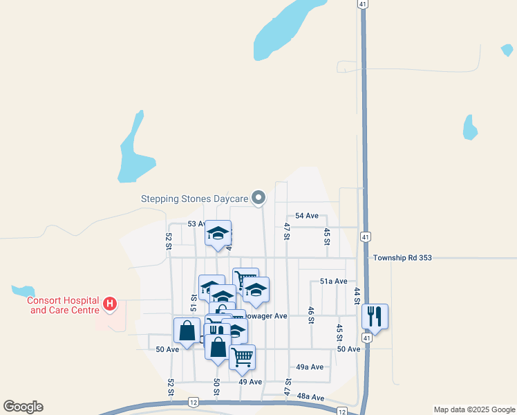 map of restaurants, bars, coffee shops, grocery stores, and more near 5402 48 Street in Consort