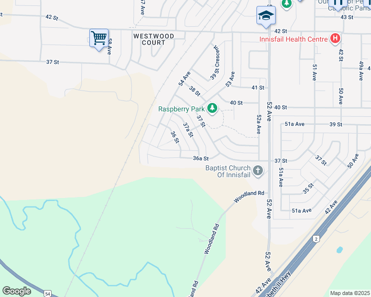 map of restaurants, bars, coffee shops, grocery stores, and more near 5304 36 Street in Innisfail