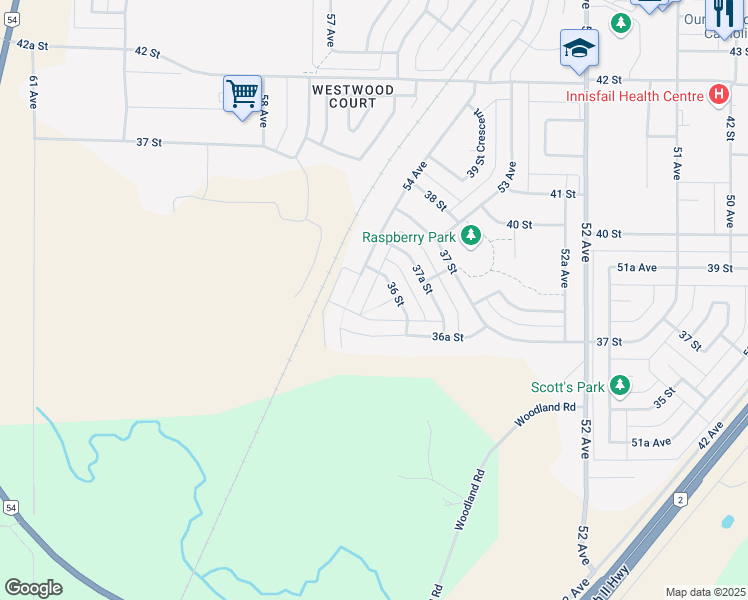 map of restaurants, bars, coffee shops, grocery stores, and more near 5331 Margodt Close in Innisfail