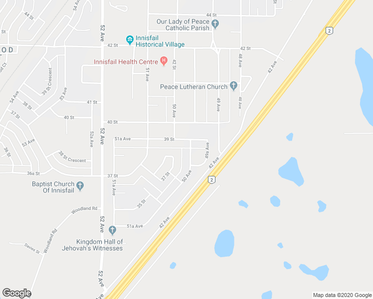 map of restaurants, bars, coffee shops, grocery stores, and more near 3747 50 Avenue in Innisfail