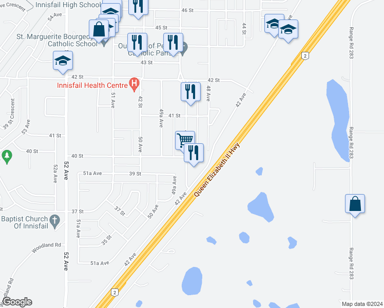 map of restaurants, bars, coffee shops, grocery stores, and more near 4002 49 Avenue in Innisfail