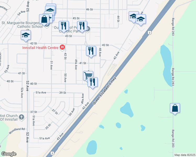 map of restaurants, bars, coffee shops, grocery stores, and more near 4009 48 Avenue in Innisfail