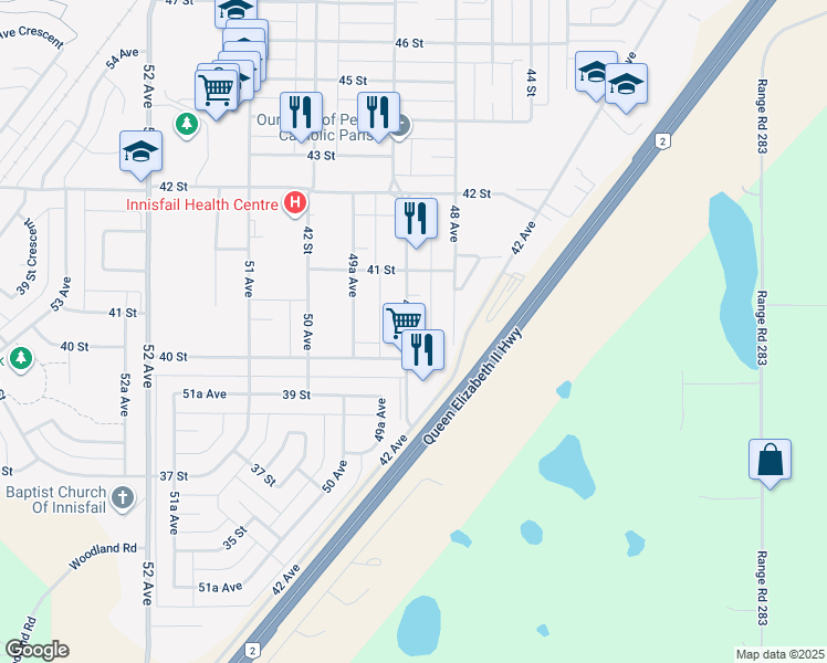 map of restaurants, bars, coffee shops, grocery stores, and more near 4012 49 Avenue in Innisfail