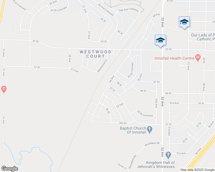 map of restaurants, bars, coffee shops, grocery stores, and more near 37 Street in Innisfail