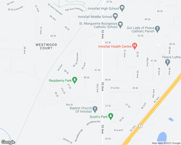 map of restaurants, bars, coffee shops, grocery stores, and more near 5219 41 Street in Innisfail