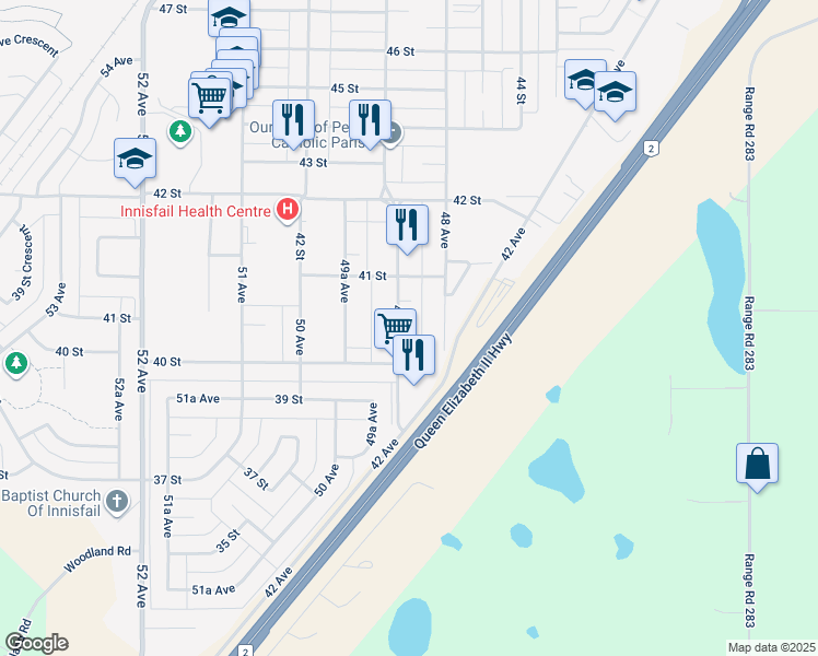 map of restaurants, bars, coffee shops, grocery stores, and more near 4012 49 Avenue in Innisfail