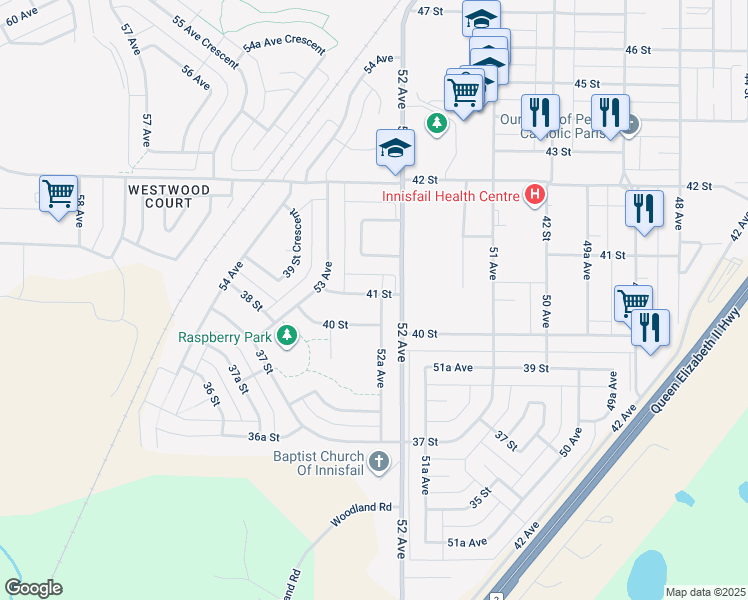 map of restaurants, bars, coffee shops, grocery stores, and more near 5207 41 Street in Innisfail