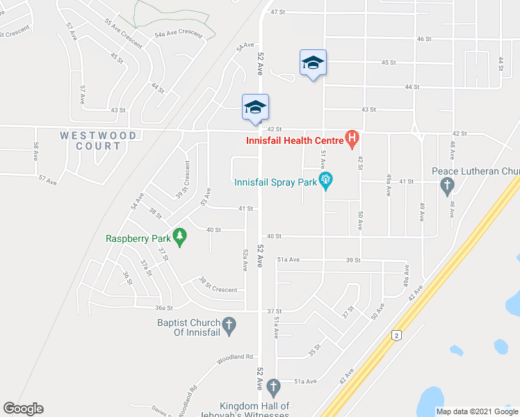 map of restaurants, bars, coffee shops, grocery stores, and more near 52 Avenue in Innisfail