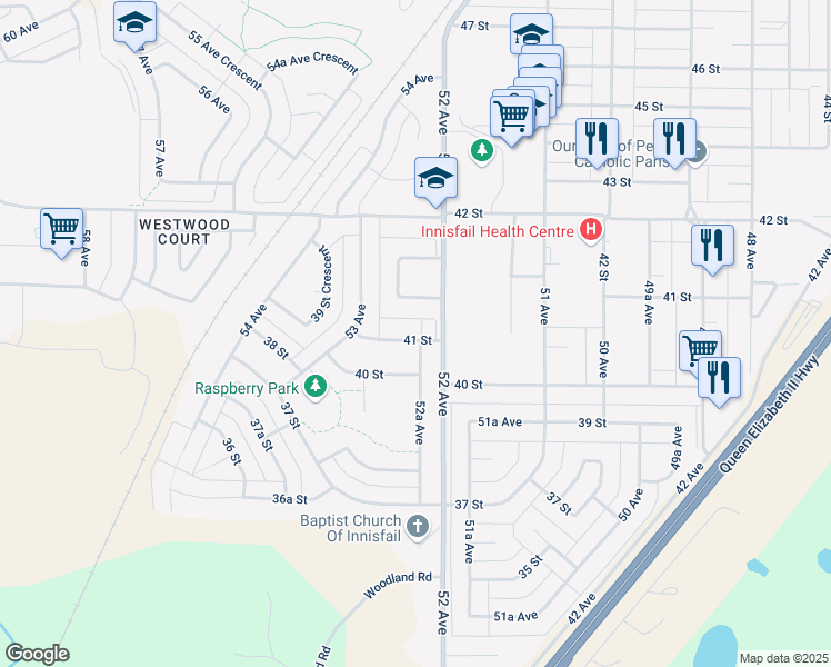 map of restaurants, bars, coffee shops, grocery stores, and more near 5207 41 Street in Innisfail