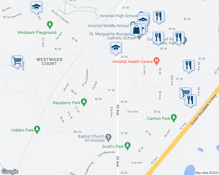 map of restaurants, bars, coffee shops, grocery stores, and more near 5212 41 Street in Innisfail
