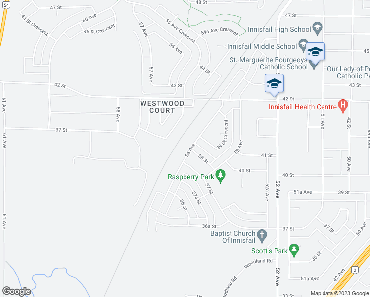 map of restaurants, bars, coffee shops, grocery stores, and more near 3707 54 Avenue in Innisfail