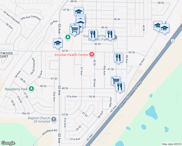 map of restaurants, bars, coffee shops, grocery stores, and more near 4035 50 Avenue in Innisfail
