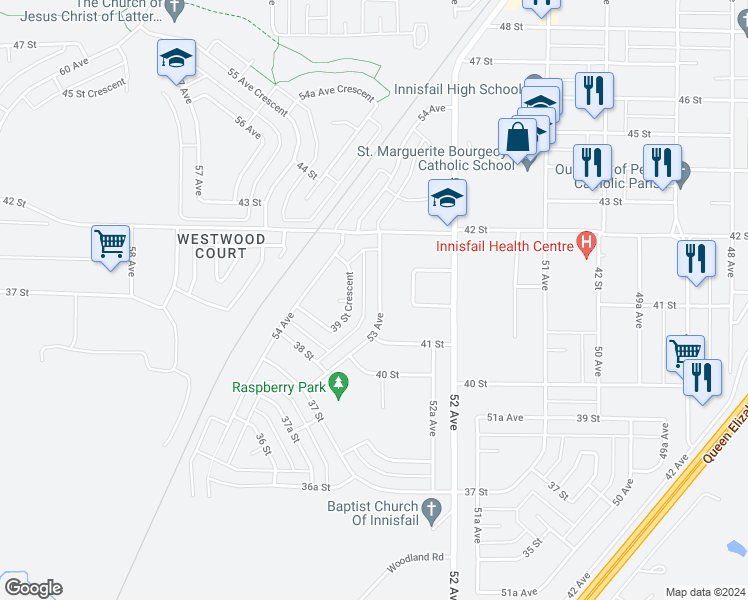map of restaurants, bars, coffee shops, grocery stores, and more near 4123 53 Avenue in Innisfail