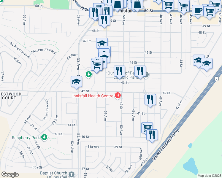 map of restaurants, bars, coffee shops, grocery stores, and more near 5028 42 Street in Innisfail