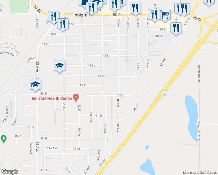map of restaurants, bars, coffee shops, grocery stores, and more near 4824 43 Street Close in Innisfail