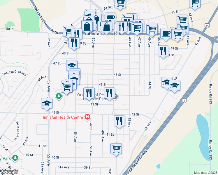 map of restaurants, bars, coffee shops, grocery stores, and more near 4911 45 Street in Innisfail