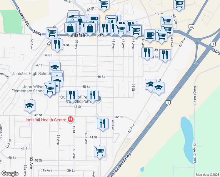 map of restaurants, bars, coffee shops, grocery stores, and more near 4512 48 Avenue in Innisfail
