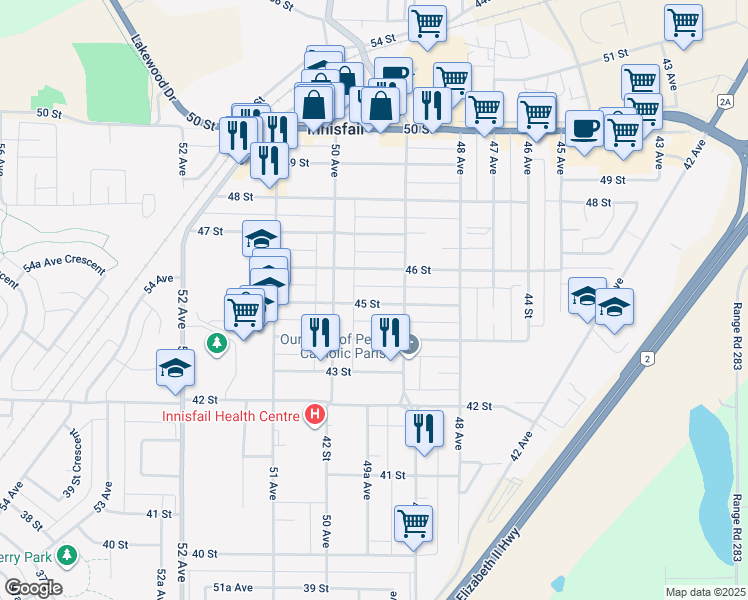 map of restaurants, bars, coffee shops, grocery stores, and more near 4932 45 Street in Innisfail