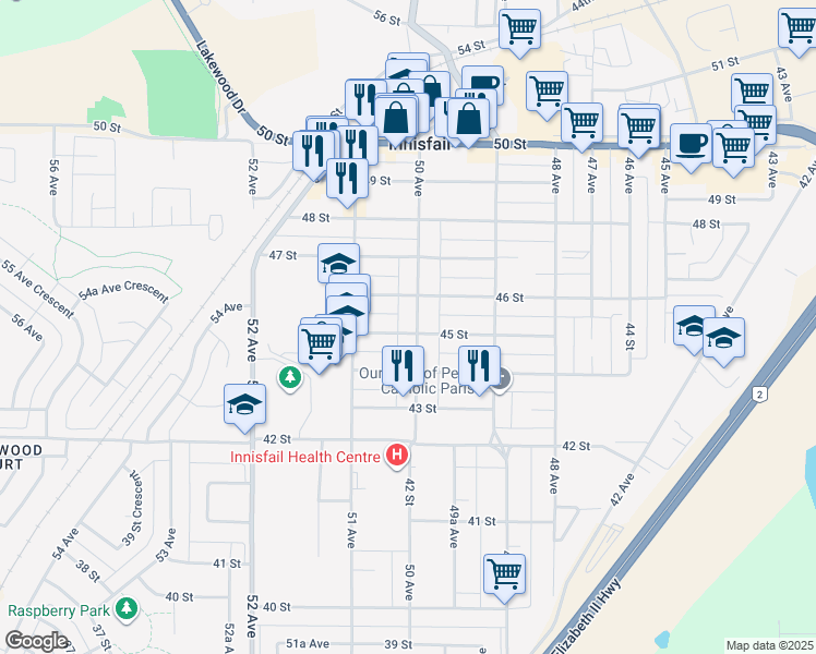 map of restaurants, bars, coffee shops, grocery stores, and more near 4503 50 Avenue in Innisfail
