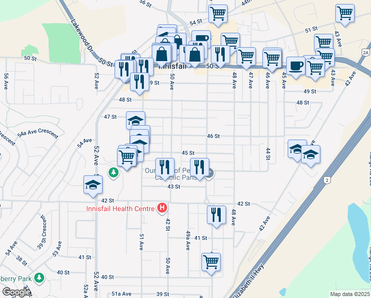 map of restaurants, bars, coffee shops, grocery stores, and more near 4932 45 Street in Innisfail