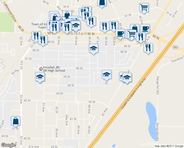 map of restaurants, bars, coffee shops, grocery stores, and more near 4512 48 Avenue in Innisfail
