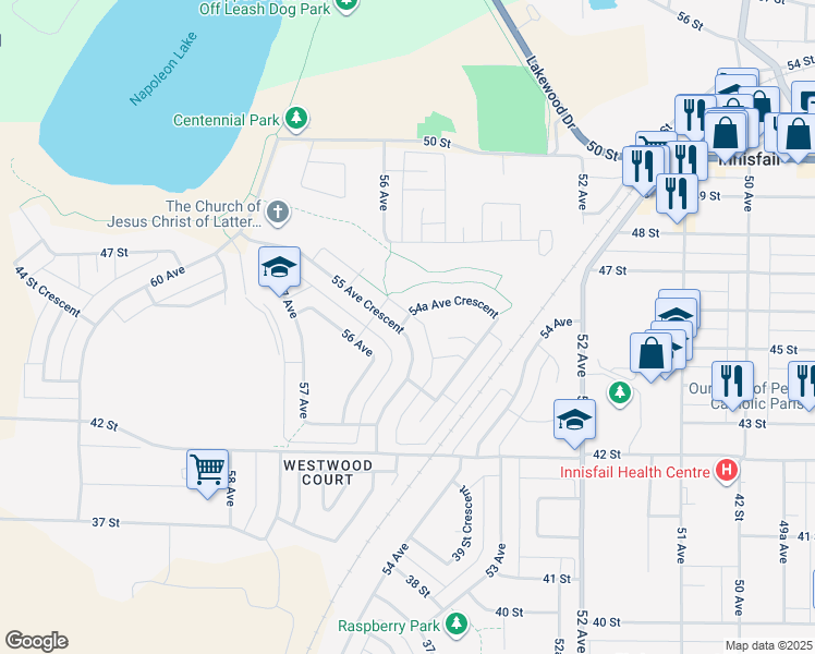 map of restaurants, bars, coffee shops, grocery stores, and more near 4448 55 Avenue Crescent in Innisfail