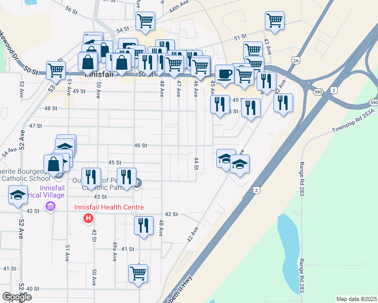 map of restaurants, bars, coffee shops, grocery stores, and more near 4607 46 Street in Innisfail