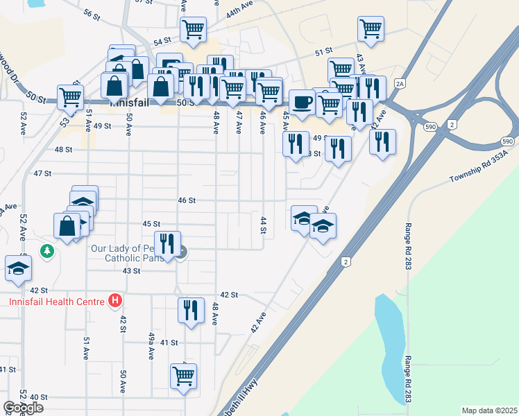 map of restaurants, bars, coffee shops, grocery stores, and more near in Innisfail
