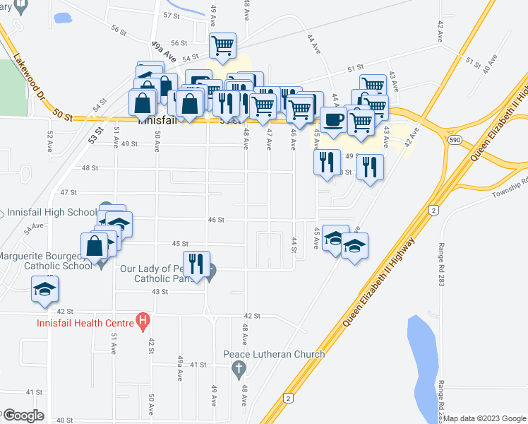 map of restaurants, bars, coffee shops, grocery stores, and more near 4607 47 Avenue in Innisfail