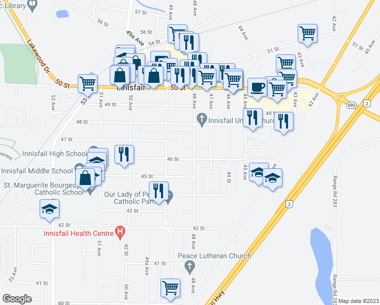 map of restaurants, bars, coffee shops, grocery stores, and more near 4607 48 Avenue in Innisfail