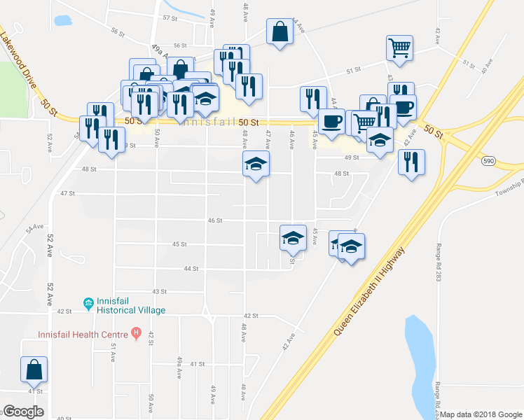 map of restaurants, bars, coffee shops, grocery stores, and more near 4611 47 Avenue in Innisfail