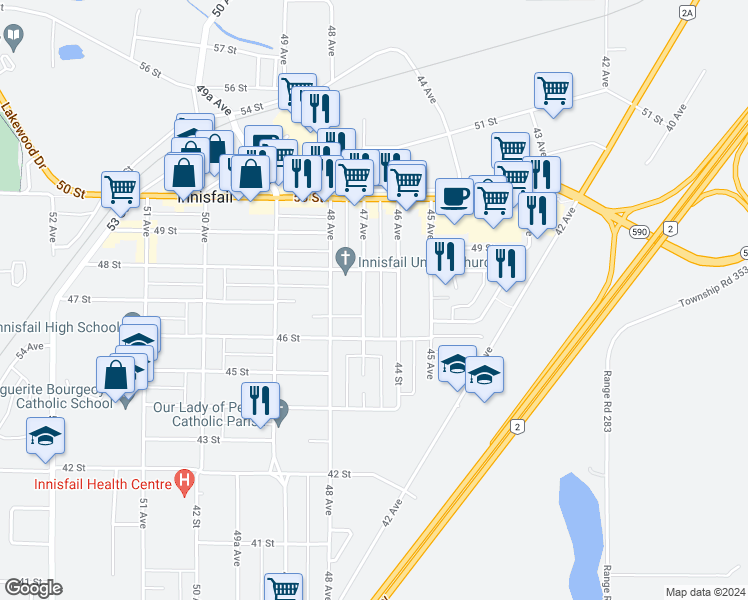 map of restaurants, bars, coffee shops, grocery stores, and more near 4628 47 Avenue in Innisfail
