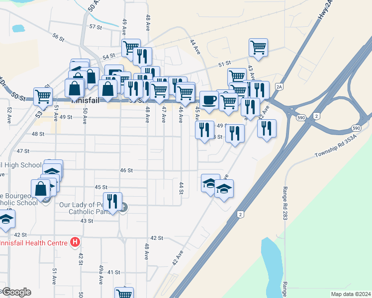 map of restaurants, bars, coffee shops, grocery stores, and more near 4624 46 Avenue in Innisfail