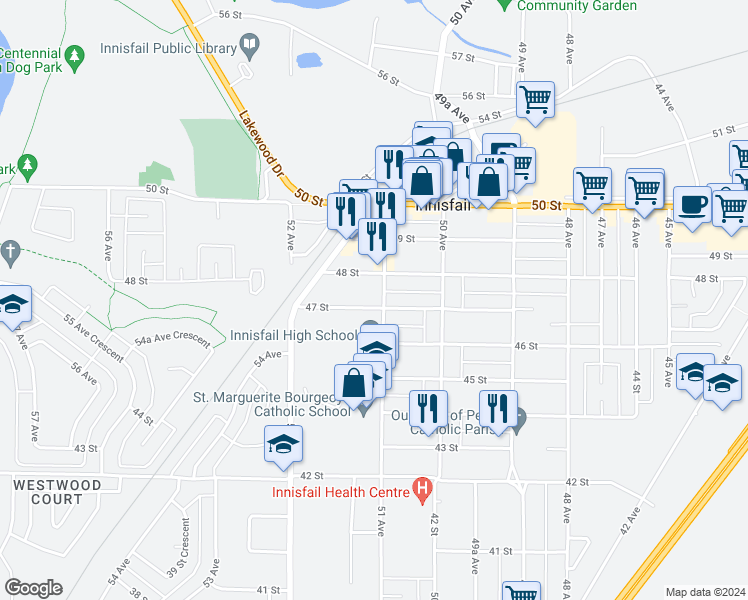 map of restaurants, bars, coffee shops, grocery stores, and more near 5104 47 Street in Innisfail
