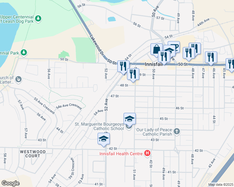 map of restaurants, bars, coffee shops, grocery stores, and more near 5144 47 Street in Innisfail