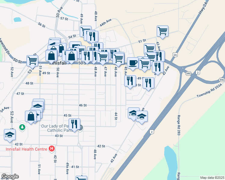 map of restaurants, bars, coffee shops, grocery stores, and more near 4711 46 Avenue in Innisfail