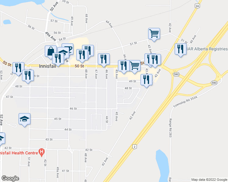 map of restaurants, bars, coffee shops, grocery stores, and more near 4631 45 Avenue in Innisfail
