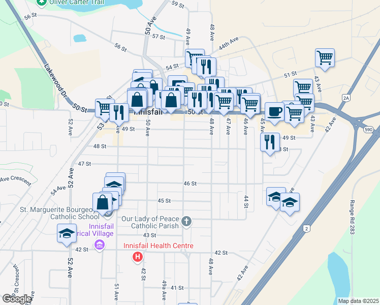 map of restaurants, bars, coffee shops, grocery stores, and more near 4831 48 Street in Innisfail