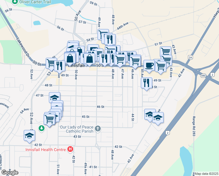 map of restaurants, bars, coffee shops, grocery stores, and more near 4807 48 Street in Innisfail